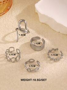 5pcs 18K Gold Plated Stainless Steel Geometric Open Ring Set, Suitable For Women's Daily Wear - Silver - View 3