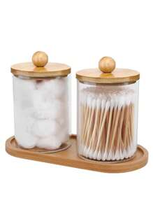 3件透明收纳盒，化妆清洁棉签收纳盒，多功能储物罐，带竹盖+托盘，适用于度假海滩、浴室收纳、卧室收纳，大容量