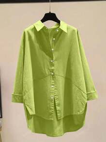 Camisa de mujer de unicolor simple con botones, blusa suelta de manga larga con cuello, hombros caídos, de gasa, estilo casual con bajo desigual, para uso diario, otoño/primavera
