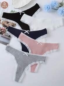 5件套女士纹理蝴蝶结丁字裤 - 彩色 - 查看 1