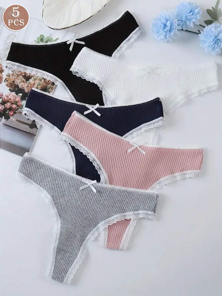 5件套女士纹理蝴蝶结丁字裤 - 彩色 - 查看 1