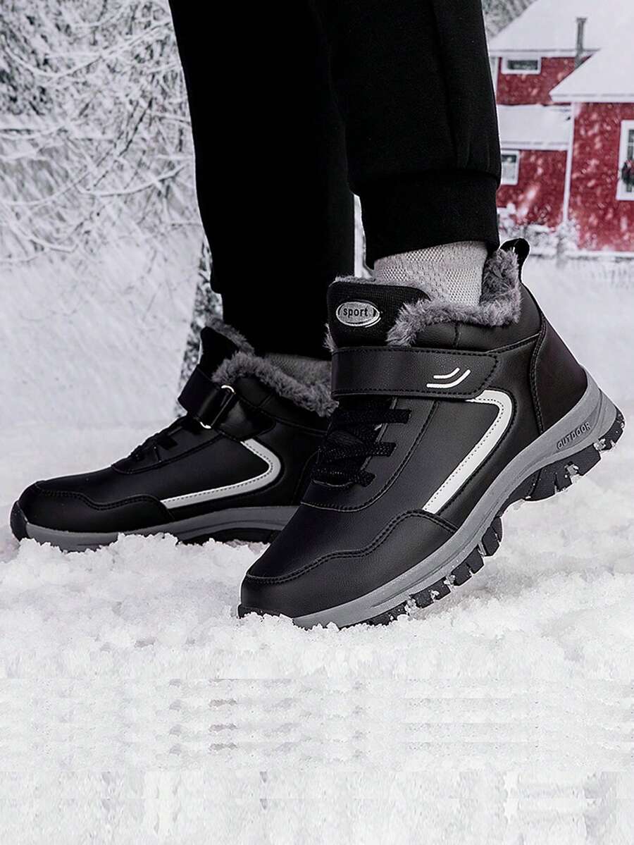 大码女式防水防滑加厚保暖内衬真皮雪地靴，冬季户外运动登山靴，情侣休闲冬鞋，中老年靴 - 黑色 - 查看 1