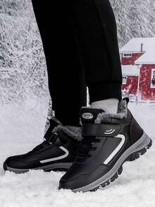 大码女式防水防滑加厚保暖内衬真皮雪地靴，冬季户外运动登山靴，情侣休闲冬鞋，中老年靴 - 黑色 - 查看 6