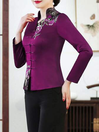 Giacca elegante stile cheongsam con ricamo di peonie a maniche lunghe, cardigan di alta qualità stile tang cinese per donna, adatto per Natale, Ringraziamento, Capodanno cinese, Capodanno, versatile per uso quotidiano, casual, sociale, occasioni, vacanze, eventi e festival