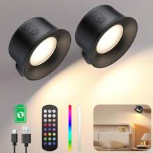 2pcs Removable RGB LED Rechargeable Adhesive Magnetic Wall Lights Sconce For Bedroom Reading,15Color Lighting,Remote Control,360° Rotation,Touch Control,Dimmable Bedside Light Energy Class A - 2pcs RGB LED Wall Lights Sconce - View 1