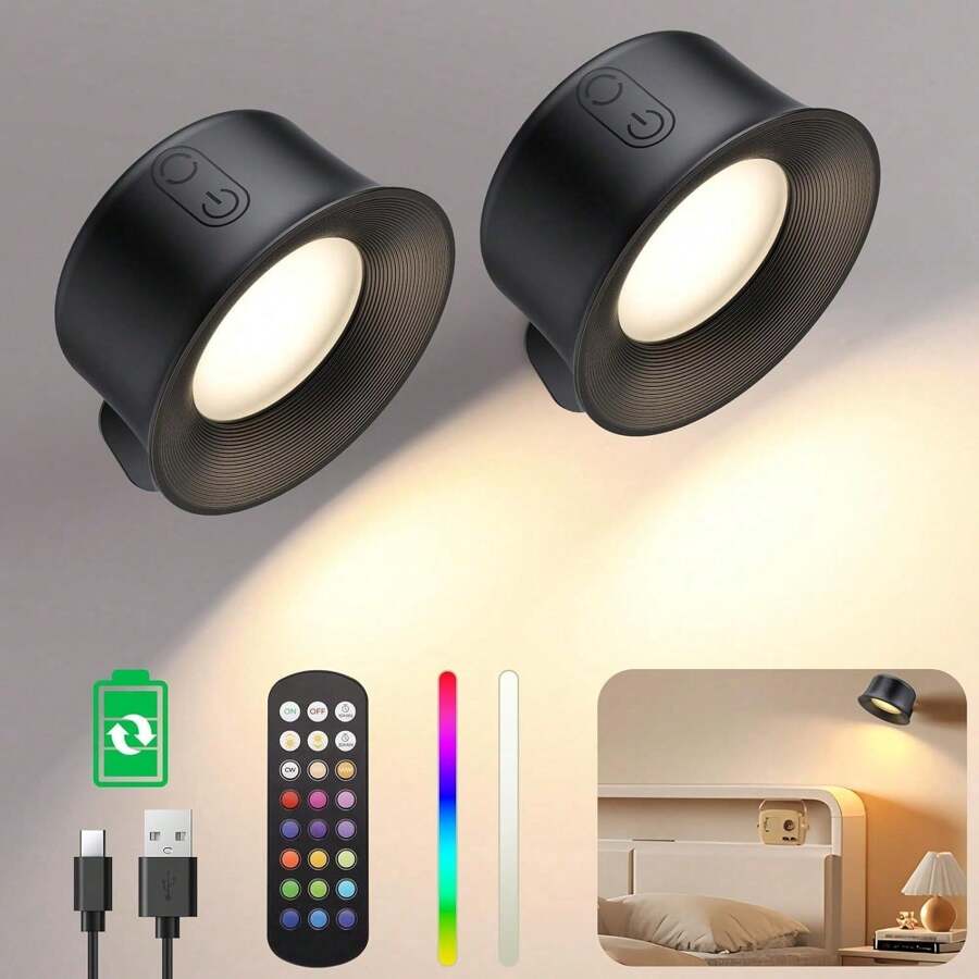 2pcs Removable RGB LED Rechargeable Adhesive Magnetic Wall Lights Sconce For Bedroom Reading,15Color Lighting,Remote Control,360° Rotation,Touch Control,Dimmable Bedside Light Energy Class A - 2pcs RGB LED Wall Lights Sconce - View 1