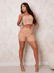 BLOG Women's Corselet Set With Zipper And Cargo Shorts - S9597 - Màu Khaki - Xem 3