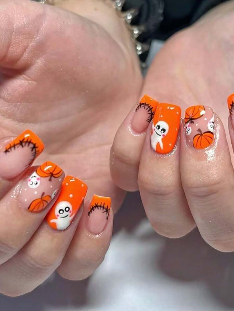 Nâng cấp diện mạo của bạn ngay lập tức với bộ 24 móng tay giả hình vuông vừa phải móng tay màu cam bí ngô và ma màu cam dễ thương kiểu Pháp che phủ toàn bộ bộ làm móng tay bao gồm 1 tờ keo dán và 1 dũa nhỏ cho phụ nữ và trẻ em gái thích hợp cho lễ Halloween và tiệc tùng gel thạch giao hàng ngẫu nhiên - trái cam - Xem 1
