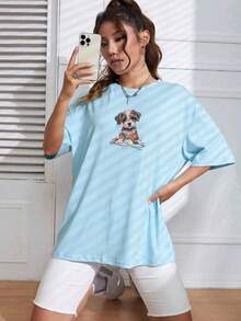 Oversized Women's Casual Off-Shoulder 100% Cotton T-Shirt With Dog Print - Màu xanh nhạt - Xem 1
