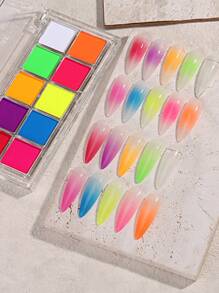 Set de 10 colores de polvo de uñas con efecto degradado sólido, incluye rosa, azul, morado, amarillo, polvo degradado, rubor, decoración de uñas con efecto dopamina lindo, con 3 pinceles de sombra de ojos, set de polvo de uñas para salón de uñas DIY - Multicolor - Ver 3