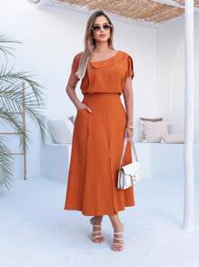 Skirt And Blouse Set In Twill Viscose Short-Sleeved Blouse With Boat Neckline Midi Skirt A-Line Model With Pockets And Front Slit - 亮橙色 - 查看 7