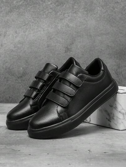 Men's Fashionable Leather Patchwork Hook And Loop Low-Top Flat Shoes, Minimalist Casual Sporty Sneakers For Teenagers