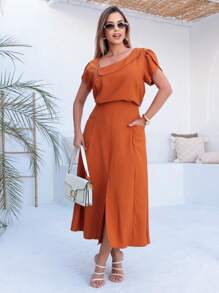 Skirt And Blouse Set In Twill Viscose Short-Sleeved Blouse With Boat Neckline Midi Skirt A-Line Model With Pockets And Front Slit - 亮橙色 - 查看 2