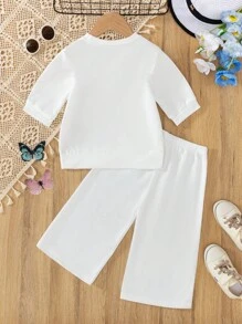 2pcs Young Girl Casual Drop-Shoulder Sweatshirt With Bow Print And Loose Pants Set, Autumn - White - View 2