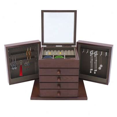  ZhdnBhnos LINSIE Wooden Jewelry Box, 5 Levels Large Vintage Wooden Jewelry Box With Mirror, Jewelry Cabinet Storage Box For Watches, Hairpins, Earrings, Rings, Bracelets And Necklaces, 30 X 20 X 25 Cm The Best Gift/Present For Family&Friends Happy Christmas