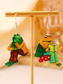1 Pair Of Acrylic Earring, Cottagecore Frog Earrings, Gift, Frog Chatting Charms, Frog Reading Earrings, Story Book Earrings Suitable For Daily Wear And Gifts For Teachers And Classmates