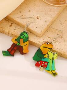 1 Pair Of Acrylic Earring, Cottagecore Frog Earrings, Gift, Frog Chatting Charms, Frog Reading Earrings, Story Book Earrings Suitable For Daily Wear And Gifts For Teachers And Classmates