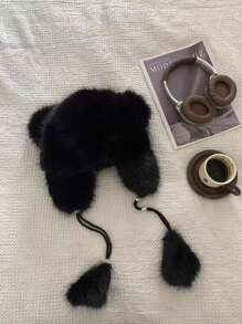 1 pièce Chapeau de trappeur vintage élégant mignon décontracté bohème en couleur unie en polyester moelleux et épissé. Chapeau seau chaud, coupe-vent à cordon pour l'automne et l'hiver, Halloween