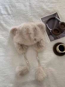 1 pièce Chapeau de trappeur vintage élégant mignon décontracté bohème en couleur unie en polyester moelleux et épissé. Chapeau seau chaud, coupe-vent à cordon pour l'automne et l'hiver, Halloween