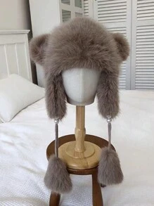 1 pièce Chapeau de trappeur vintage élégant mignon décontracté bohème en couleur unie en polyester moelleux et épissé. Chapeau seau chaud, coupe-vent à cordon pour l'automne et l'hiver, Halloween