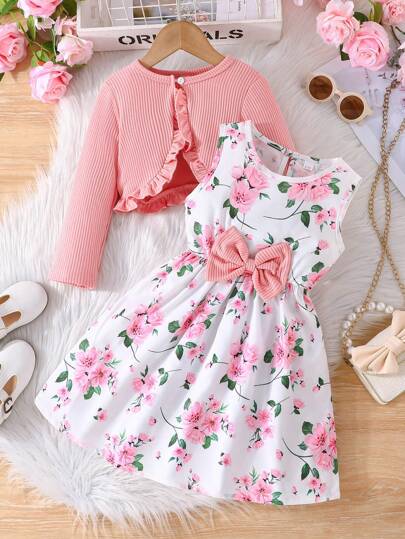Young Girl 2pcs Spring/Autumn Fashion Ruffled Jacket & Sleeveless Floral Print Dress Set, Elegant Outfit