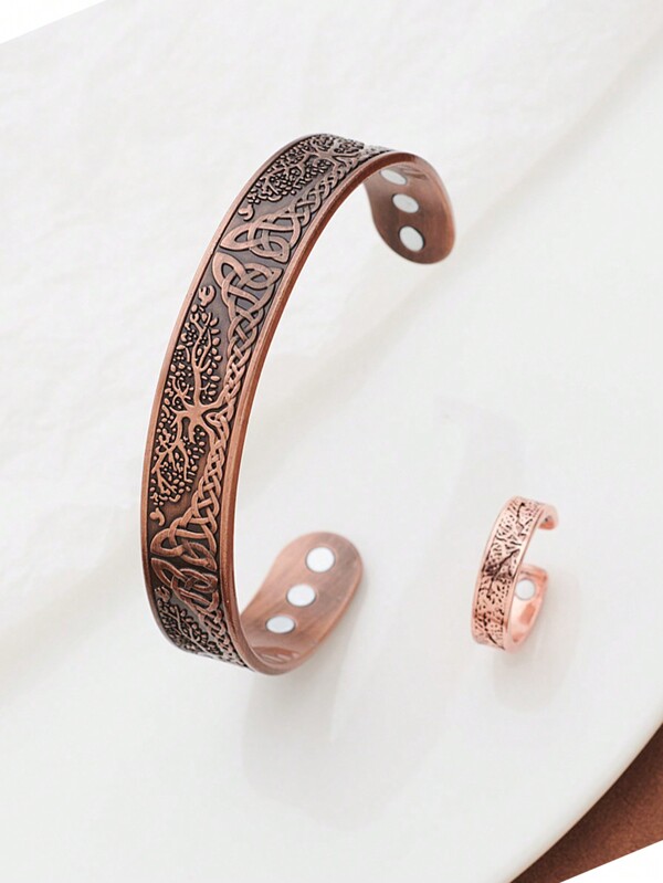 1set Vintage Magnetic Copper Carved Tree Of Life Ring And Bracelet Set, Adjustable Size, Suitable For Couples Gifts, Party, Work, Daily Wear
