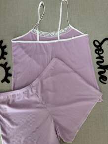 BabyDoll Women's Ribbed Lace Shorts And Blouse Comfortable Suede Summer Pajamas - 紫色 - 查看 2
