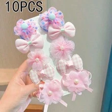 多件装粉色花朵发圈，布艺蝴蝶结发绳，甜美女孩发饰，可爱弹力发带，日常发饰 - 粉色 - 查看 3