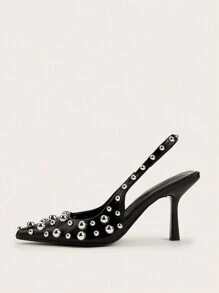 Elegant Black Polka Dot Bow Pointed Toe Backless Strap Stiletto High Heel Sandals, Suitable For Party And Banquet - Black - View 2