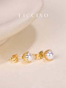 FICCINO 经典镀金仿珍珠耳环，适合女士，优雅日常佩戴，庆祝礼物，带珠宝盒 - 1491e - 查看 4