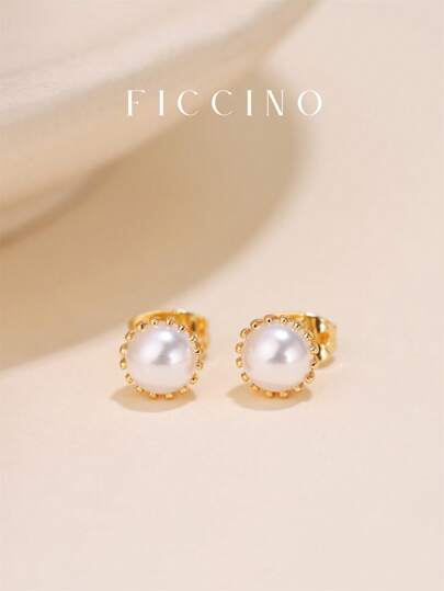  FICCINO 经典镀金仿珍珠耳环，适合女士，优雅日常佩戴，庆祝礼物，带珠宝盒