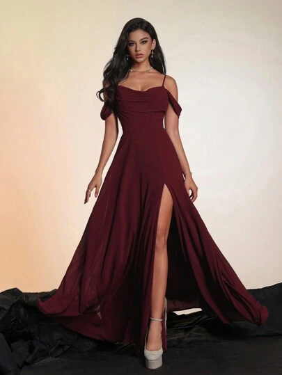 Women's Solid Color Long High-End Formal Evening Gown, Elegant Bridesmaid Dress