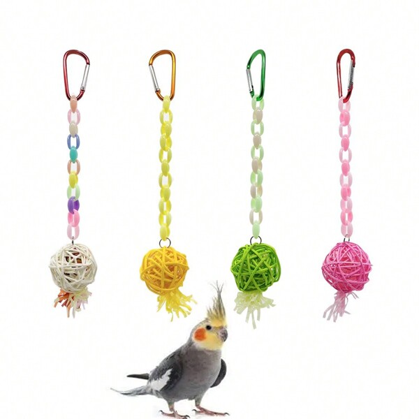 Natural Rattan & PE Chain Parrot Toy Pendant, Suitable For Birds, Hamsters & Other Small Pets To Chew, Various Sizes, Random Color Accessories, Year-Round Use