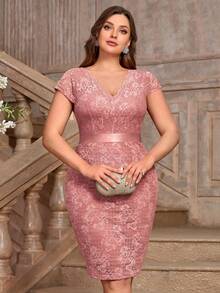 加大码 V 领全花蕾丝缎带腰部晚会紧身连衣裙，优雅半正式婚礼宾客礼服，适合生日、毕业典礼、返校节