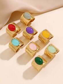 1 件不锈钢时尚复古风格女士彩色宝石开口戒指，3 件混合款式，颜色随机，适合女性日常佩戴或送礼 - 金黃色 - 查看 12