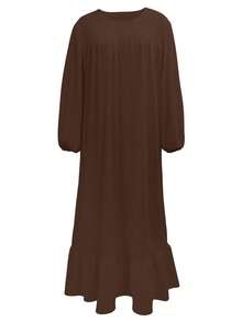 Women's Elegant Solid Color Fashion Puff Sleeve Ruffle Hem Arabic Style Dress, Quick Ship - Coffee Brown - View 3