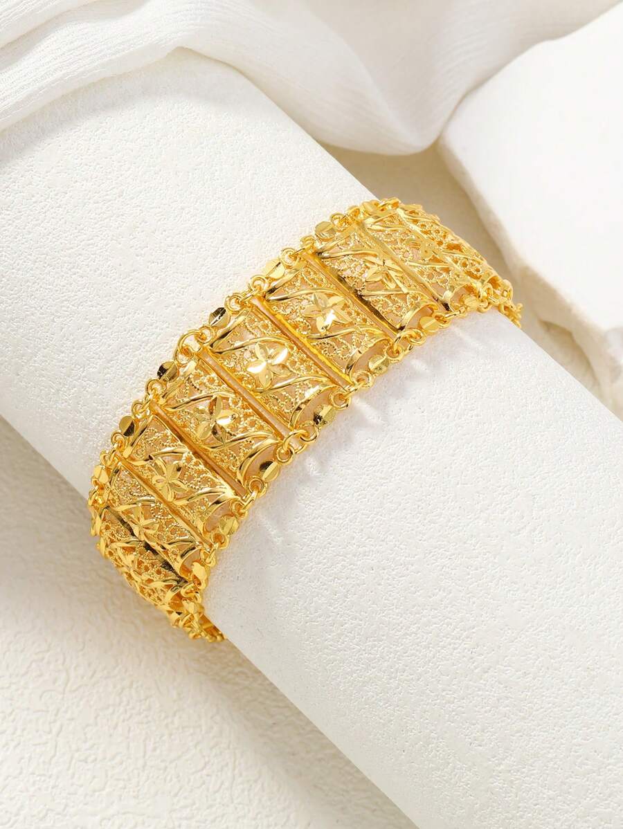 1Pc Phong Cách Openwork Họa Tiết Hoa Đồng Mạ Vàng 24K Có Thể Điều Chỉnh Vòng Tay Trang Sức Dành Cho Nữ - Vàng - Xem 1
