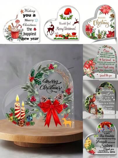 1PC Christmas Gift, Party Decorations, Acrylic Heart-Shaped Christmas Themed Pattern Design, Merry Christmas Sign Keepsake Gifts, Couple Gift, Birthday Gift, Indoor Christmas Decorations For Table, Office Desk, Shelf, Party Favors For Family, Friend (With Protective Film),Christmas