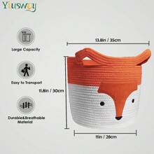 Yiuswoy 1pc Fox Pattern Laundry Hamper, Large Toys Storage Basket, Woven Rope Basket Cartoon Fox Face Laundry Basket, Nursery Storage Basket, Pets Supplies Storage Organiser, Orange And White Art Supplies Storage - Multicolor - View 3