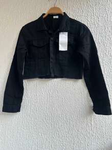 Women's Short Long Sleeve Denim Jacket - Black - View 1