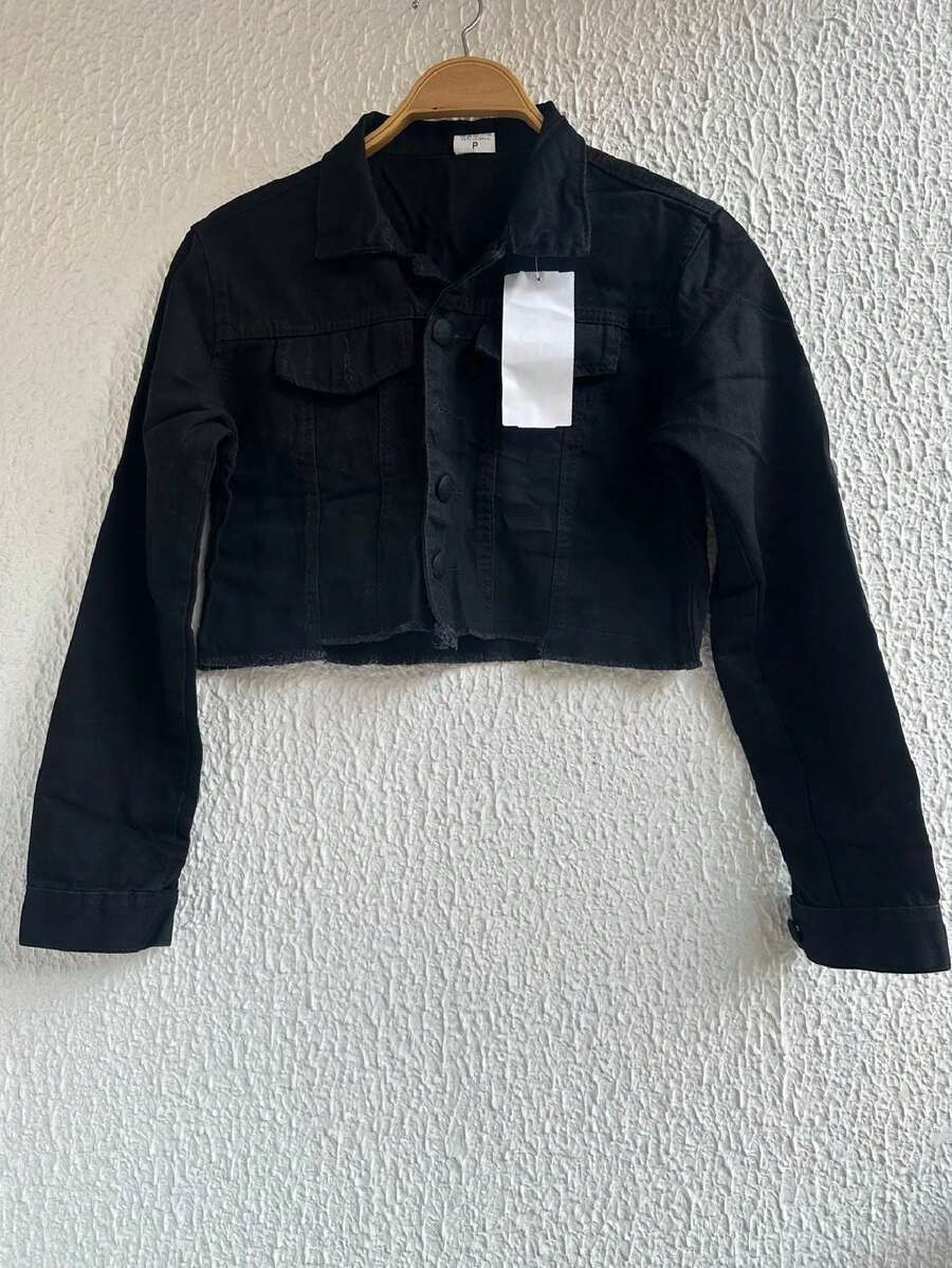 Women's Short Long Sleeve Denim Jacket - Black - View 1