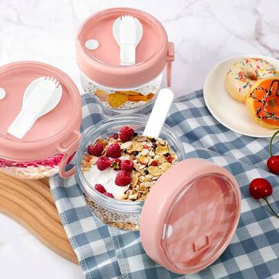 1pc Lid Overnight Oatmeal Container, Overnight Oatmeal Jar With Spoon, Insulated Food Jar Portable Oatmeal Container Breakfast Cup Portable Yogurt Bowl With Lid Yogurt Fruit Rake Sugar Water Dessert Bowl Bird's Nest Bowl,