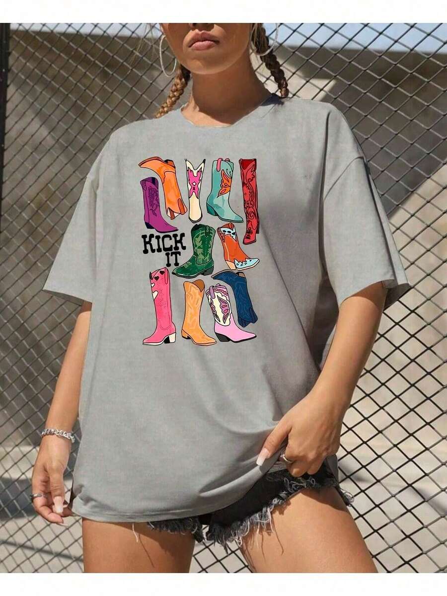 Basic T-Shirt Rodeo Kick It Fashion T-Shirt Basic Texas Style Boot - Xám - Xem 1