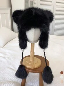 1 pièce Chapeau de trappeur vintage élégant mignon décontracté bohème en couleur unie en polyester moelleux et épissé. Chapeau seau chaud, coupe-vent à cordon pour l'automne et l'hiver, Halloween