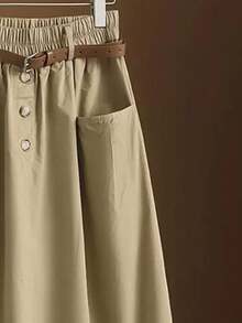 Versatile Solid Color High Waist Elastic Waistband Midi A-Line Skirt - Khaki - View 3