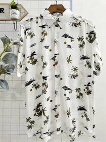 Hawaiian Floral Shirt Men's Summer Beach Short Sleeve Button Fabric 100% Viscose Shrinks A Little - 綠色 - 查看 1