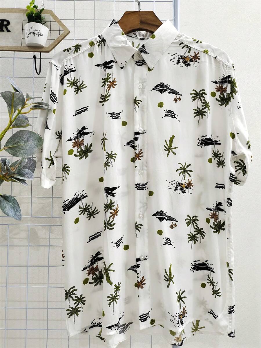 Hawaiian Floral Shirt Men's Summer Beach Short Sleeve Button Fabric 100% Viscose Shrinks A Little - 綠色 - 查看 1