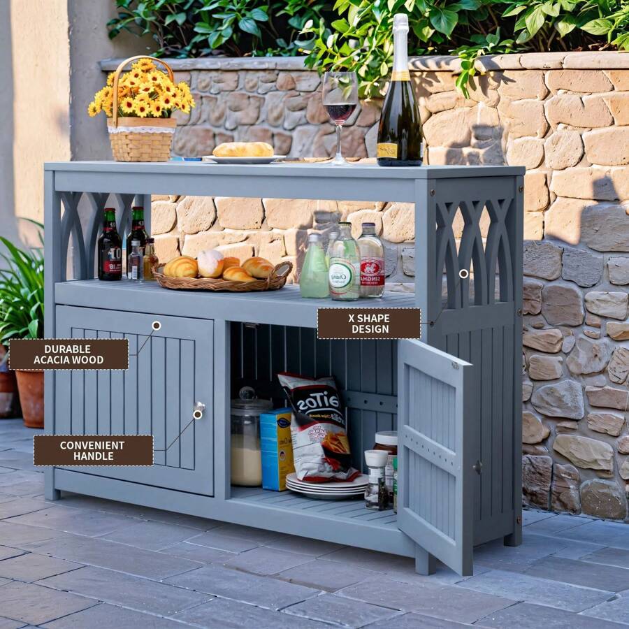Wood Acacia Buffet Cabinet Sideboard With Storage, Double Door Wooden Coffee Bar Cabinet With Shelves For Patio Outdoor, Indoor - Grey - View 1