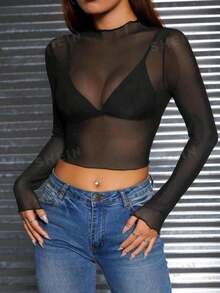 Mesh Blouse - 黑色 - 查看 2