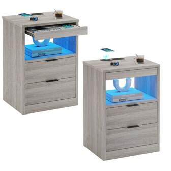 Nightstand With Wireless Charging Station Set Of 2, LED Bedside Table With With 2 Drawers, Black/White/Gray